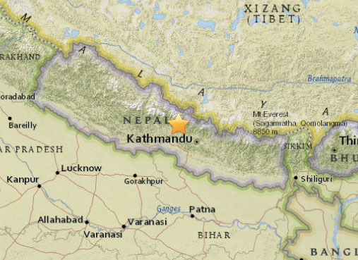 This map shows the center of the Earthquake that hit Nepal on April 25, 2015. 